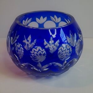 Czech BOHEMIAN COBALT BLUE Cut To Clear Crystal Glass Candle Holder
